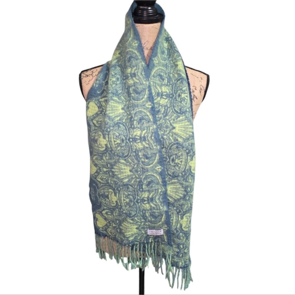 Amicale 100% CASHMERE Designer Blue and Green Patterned Scarf